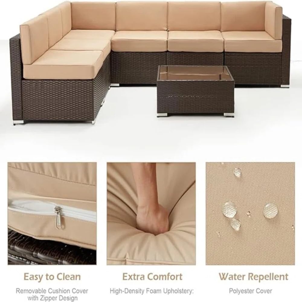 YODOLLA 7 Piece Outdoor Patio Furniture Set with 30 Inch Fire Pit Table, Brown Rattan Beige Cushion