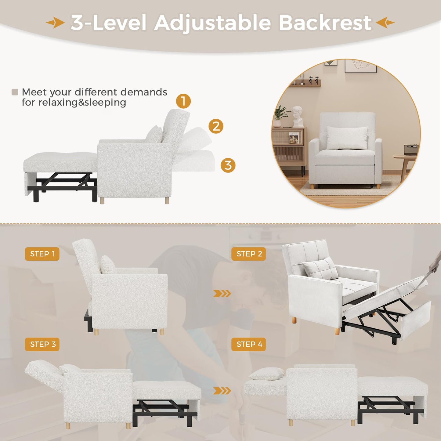 YODOLLA 3 in 1 Chair Bed Sleeper for Adults, Teddy White