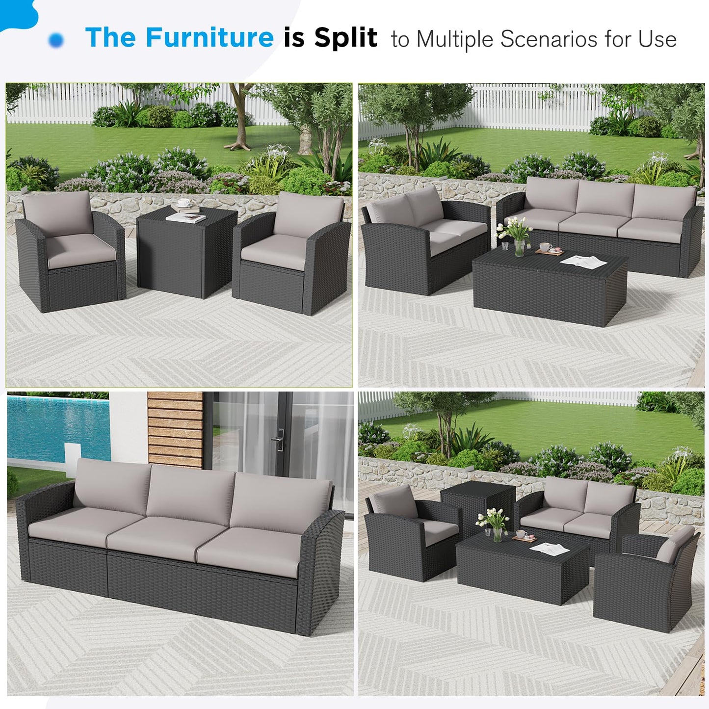 YODOLLA 7 PCS Outdoor Patio Furniture Sets with 2 Storage Boxes, Black & Grey