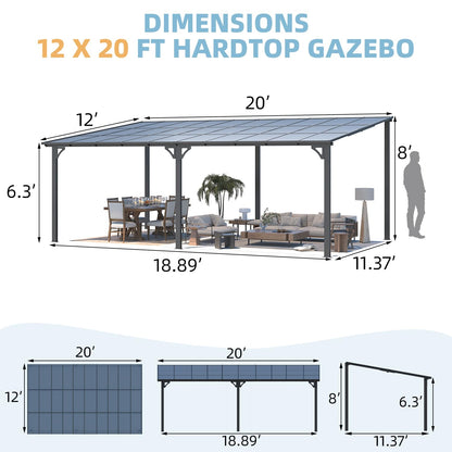 YODOLLA 20' x 12' Gazebo for Patio, Large Wall-Mounted Hard Top Lean-to Gazebo Pergola