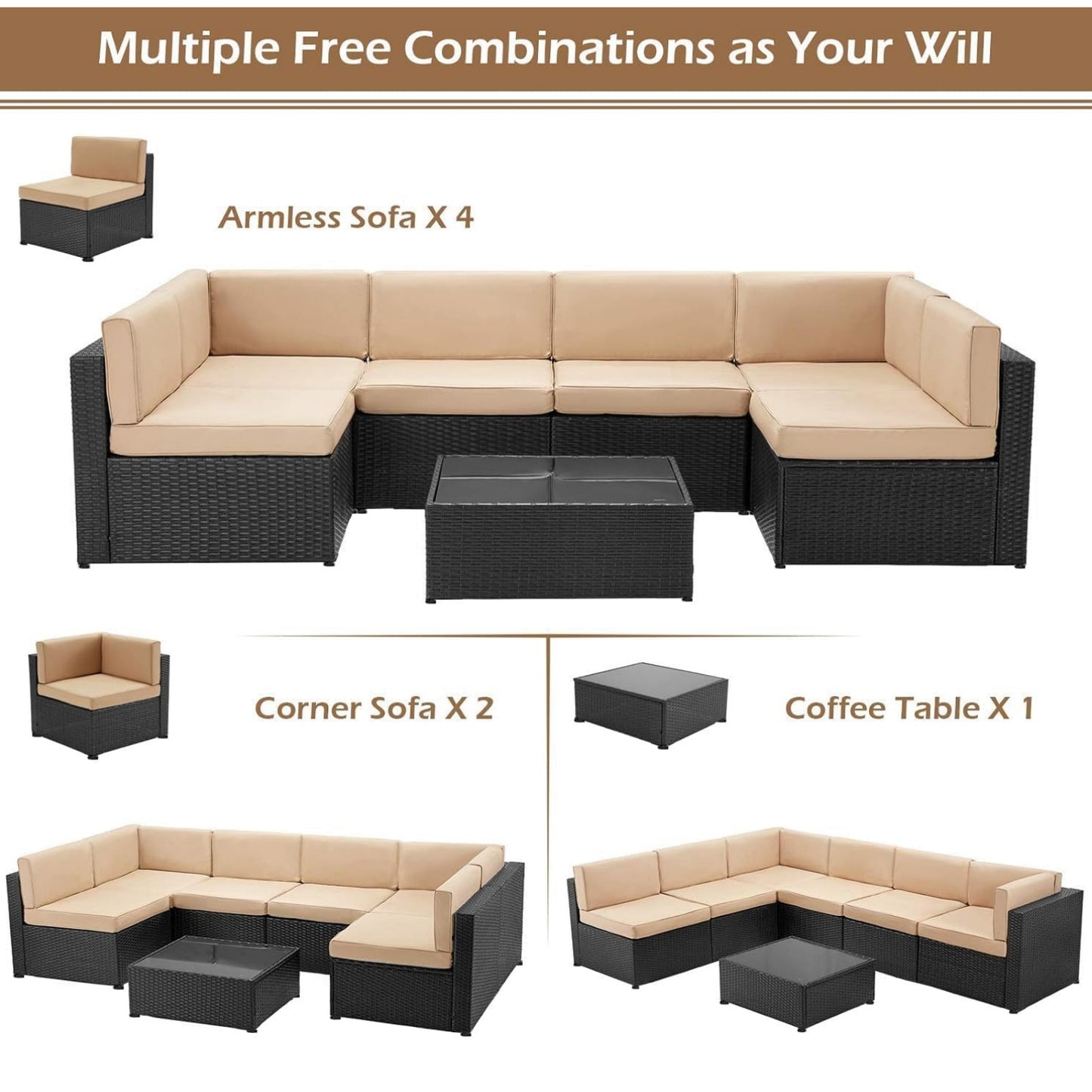 YODOLLA 7 Piece Outdoor Patio Furniture Set with Extra 43 Inch Fire Pit Table, Black Rattan & Beige Cushion