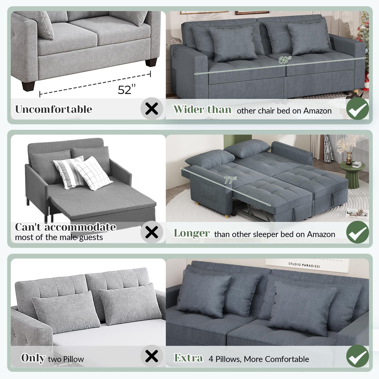 YODOLLA Comfortable 3-1 Convertible Sofa Bed, Dark Gray