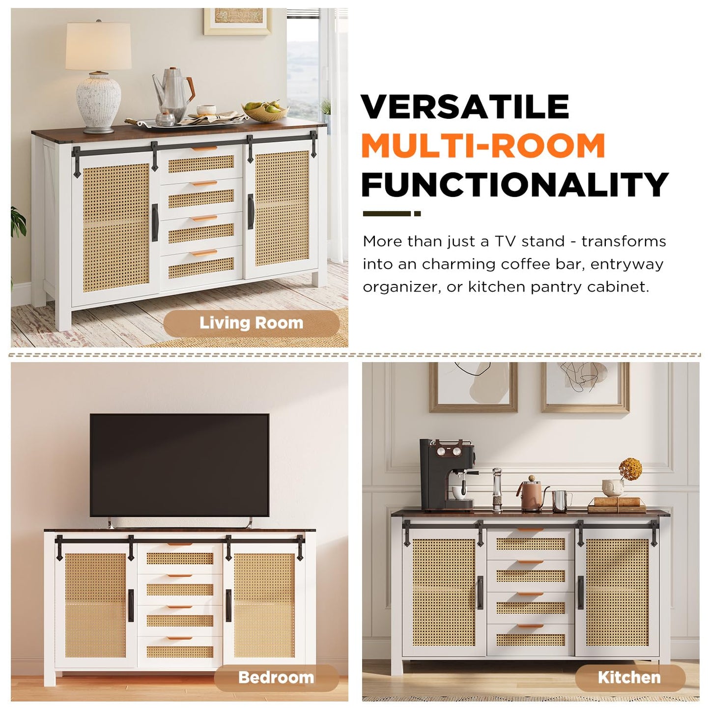 YODOLLA Farmhouse Sideboard Buffet Cabinet with Storage, Rattan Kitchen Cabinet w/Sliding Barn Doors & 4 Drawers