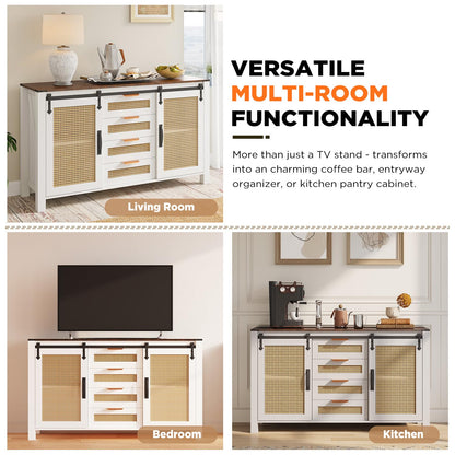 YODOLLA Farmhouse Sideboard Buffet Cabinet with Storage, Rattan Kitchen Cabinet w/Sliding Barn Doors & 4 Drawers