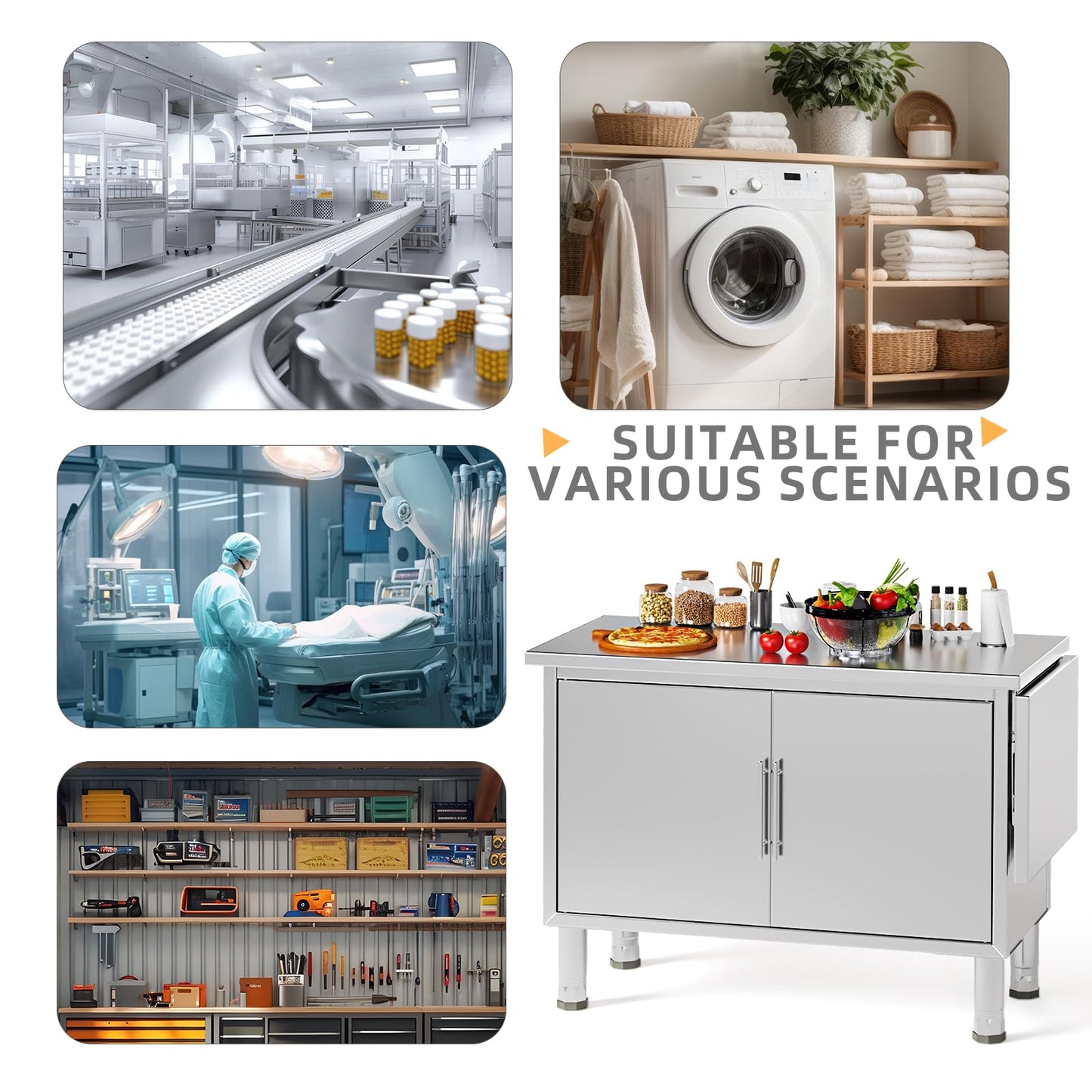 YODOLLA 57"x19.7" Stainless Steel Work Table Kitchen Cabinets with Extend Panel & Adjustable Shelf