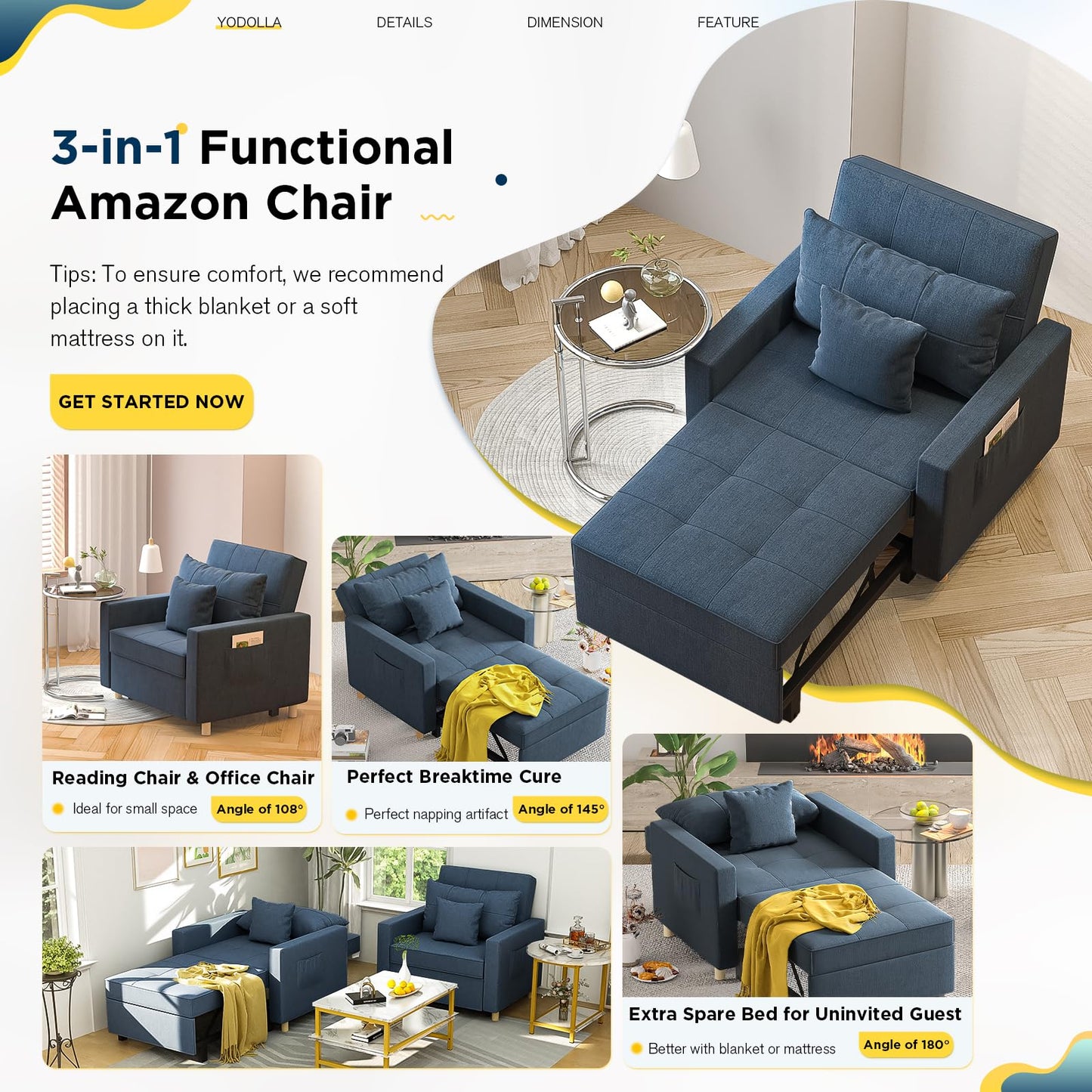YODOLLA 36" Convertible Chair Bed, Blue
