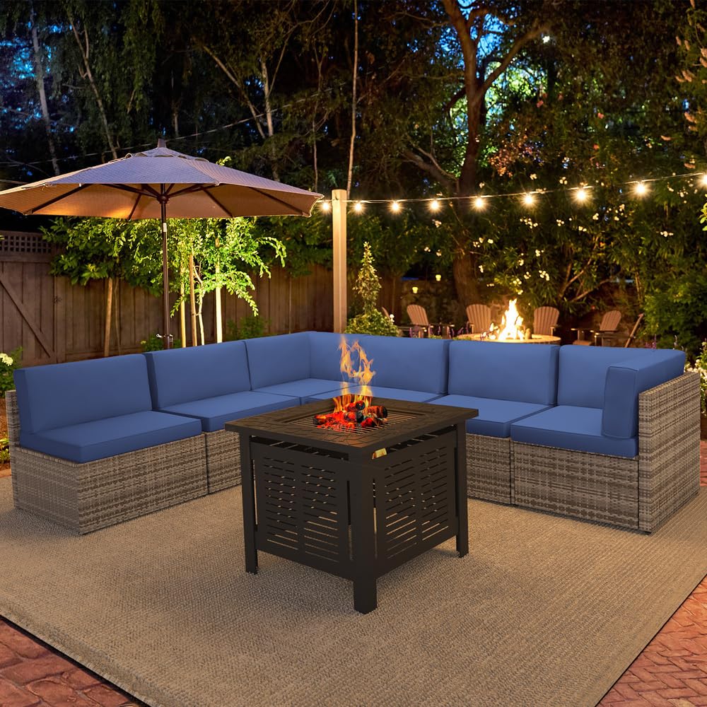 YODOLLA 7 Piece Outdoor Patio Furniture Set with 30 Inch Fire Pit Table, Grey Rattan Dark Blue Cushion