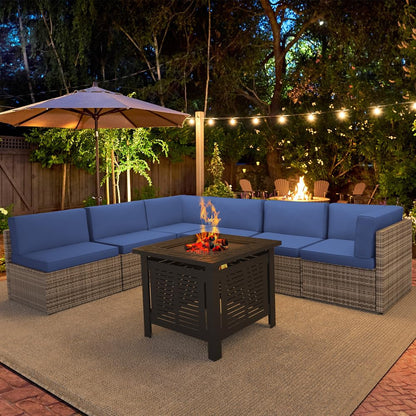 YODOLLA 7 Piece Outdoor Patio Furniture Set with 30 Inch Fire Pit Table, Grey Rattan Dark Blue Cushion