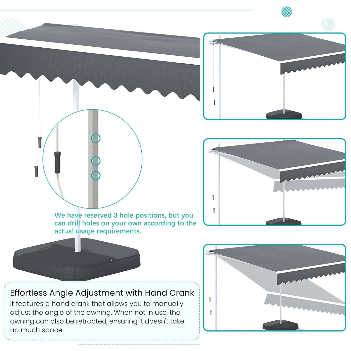 YODOLLA 10'x8' Awning Free Standing Retractable Awning with Weighted Base
