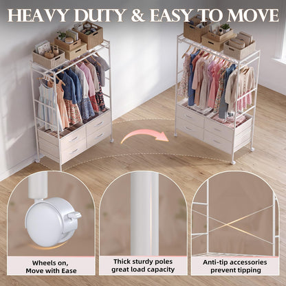 YODOLLA Rolling Clothes Rack with 4 Fabric Drawers, Portable Closet Organizer for Hanging Clothes