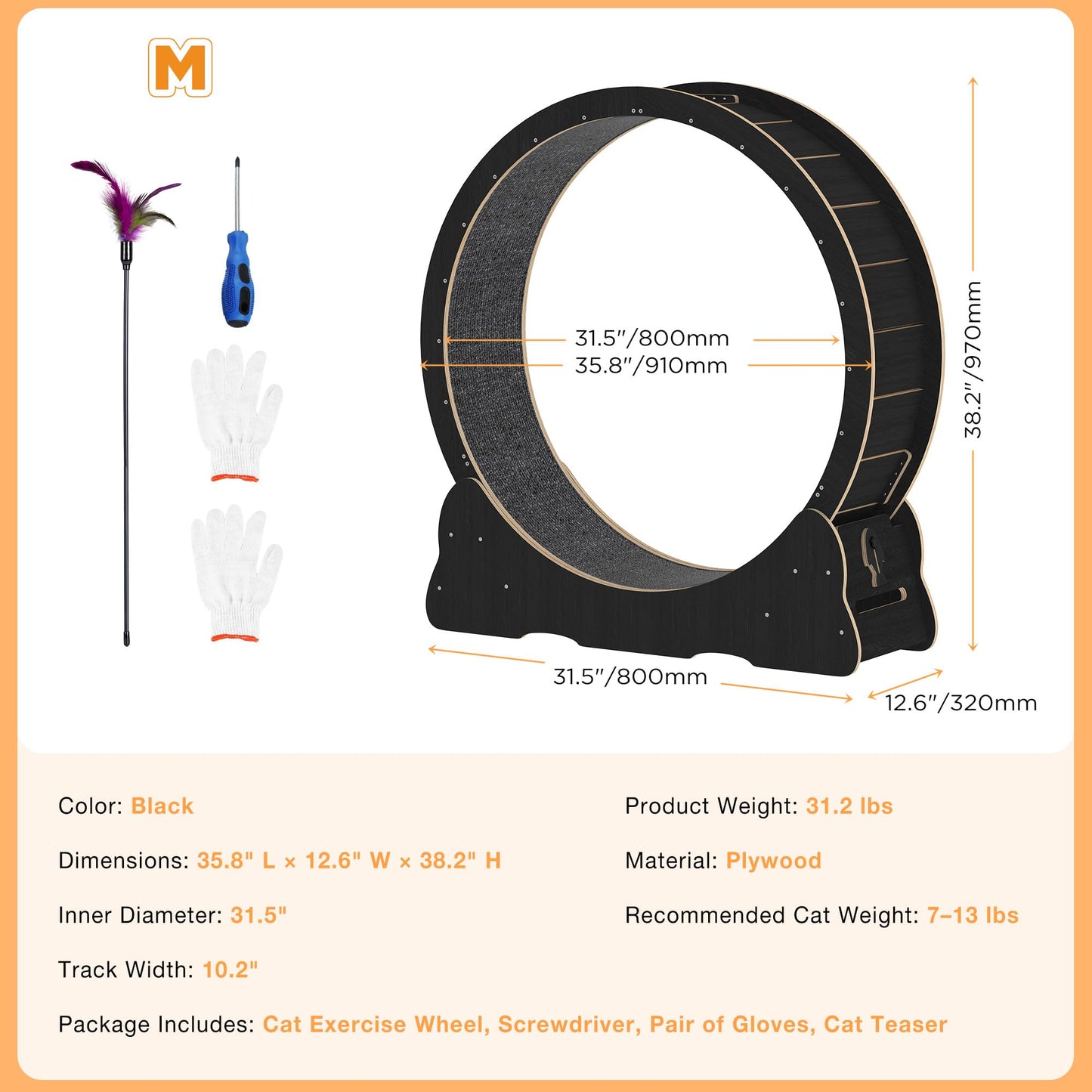 YODOLLA 35.8'' Cat Wheel Large Quiet Cat Treadmill, Black