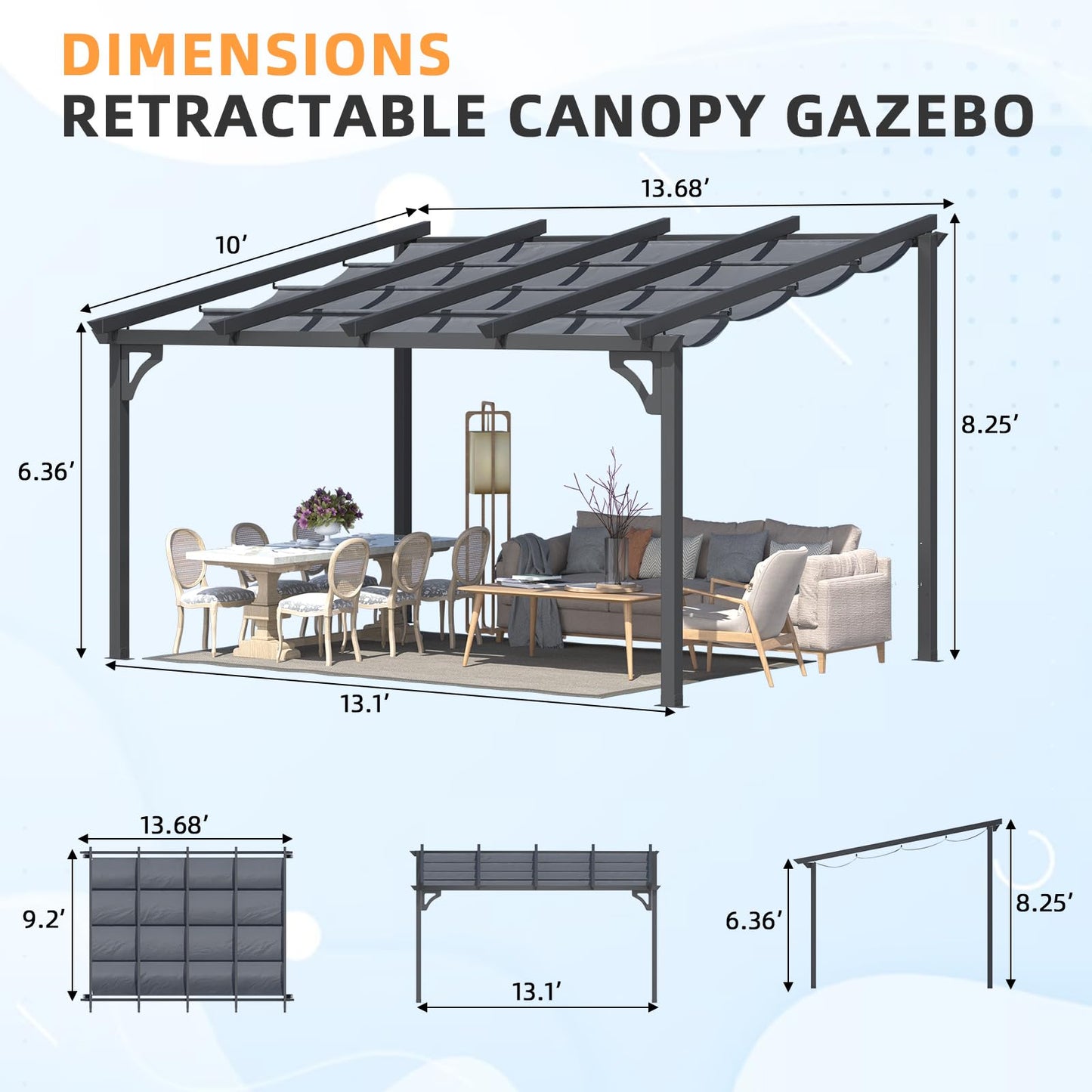 YODOLLA 14' x 10' Gazebo for Patio, Retractable Pergola with Adjustable Sun Shade Canopy Roof