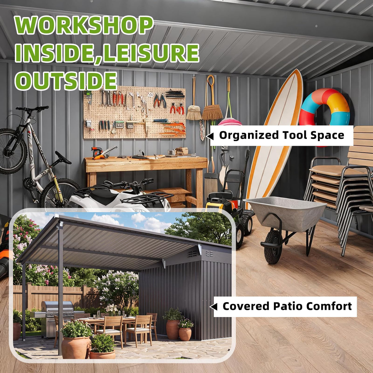 YODOLLA 20x8 FT Metal Outdoor Storage Shed with Pergola Hardtop Combo