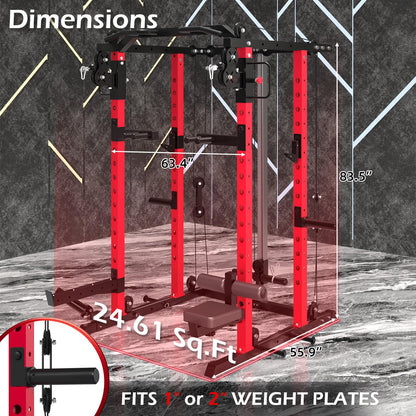 YODOLLA Power Squat Rack Cage, 2000lbs Weight Cable Machine with LAT Pulldown