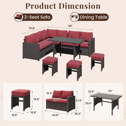 YODOLLA 7 Pieces Outdoor Wicker Rattan Furniture Set, Brown & Wine Red