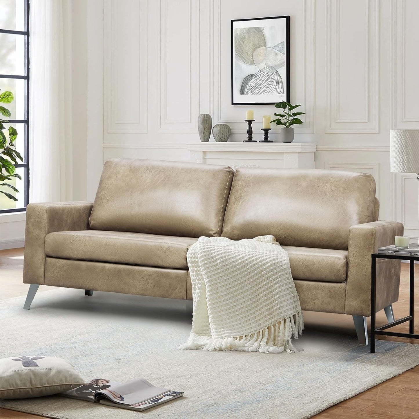 YODOLLA 79 Inch Sofa Couch for Living Room, Faux Leather, Beige