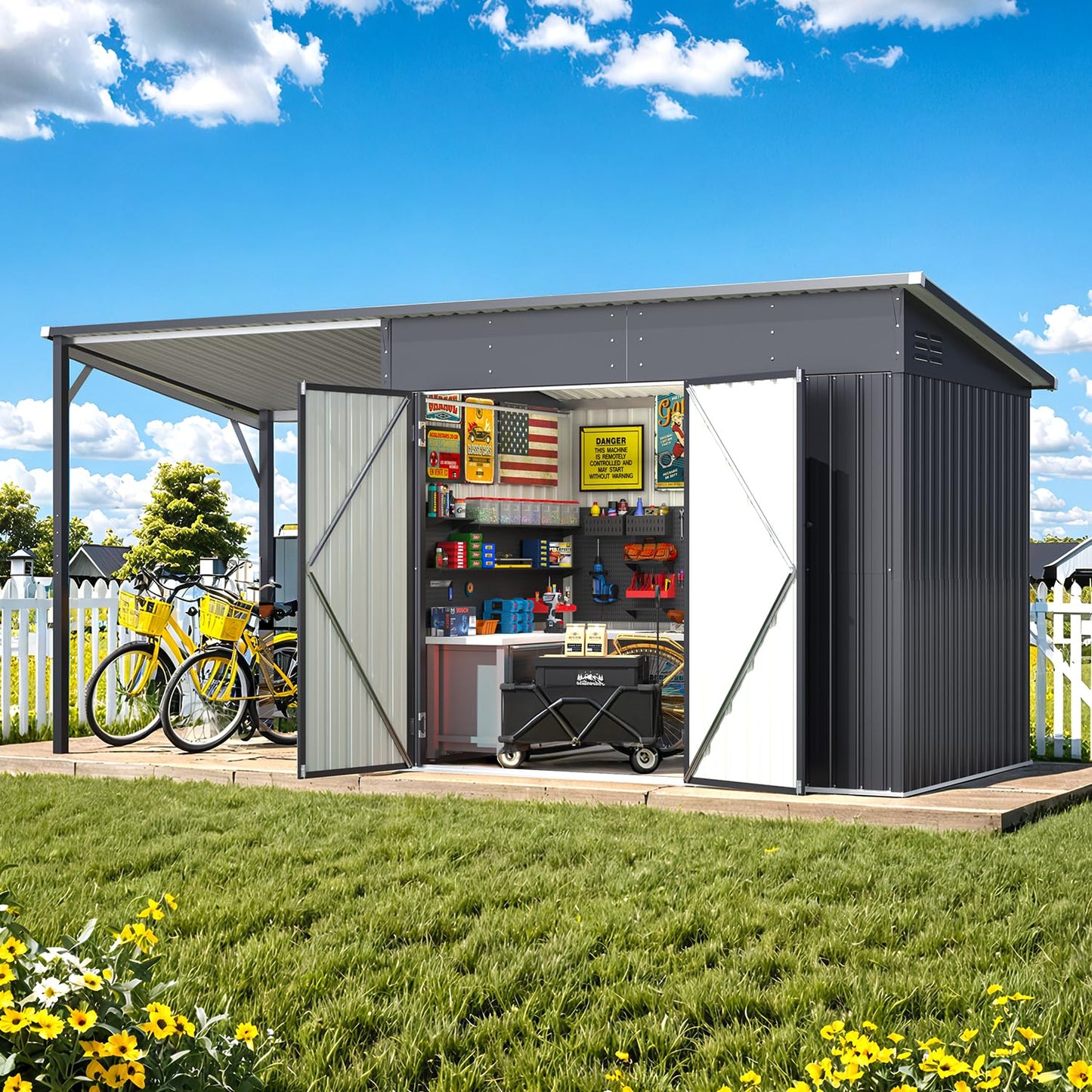 YODOLLA 14' x 5' Outdoor Open-Sided Metal Storage Shed