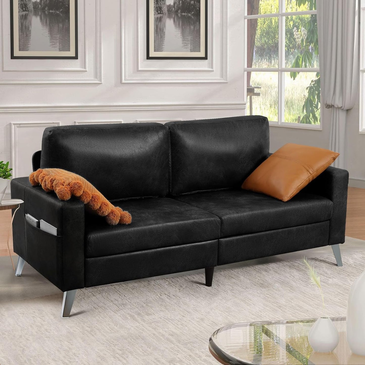 YODOLLA 79 Inch Sofa Couch for Living Room, Faux Leather, Black