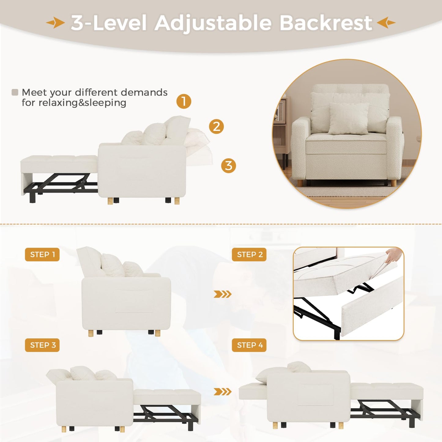 YODOLLA 36" Convertible Chair Bed, Teddy White