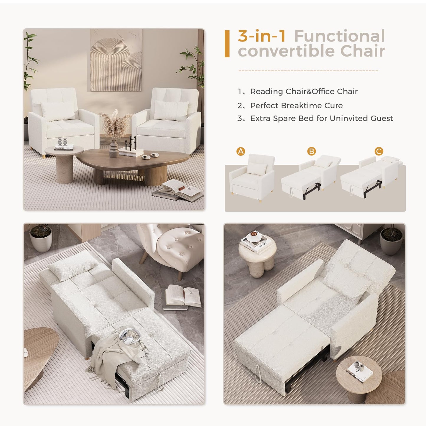 YODOLLA 3 in 1 Chair Bed Sleeper for Adults, Teddy White