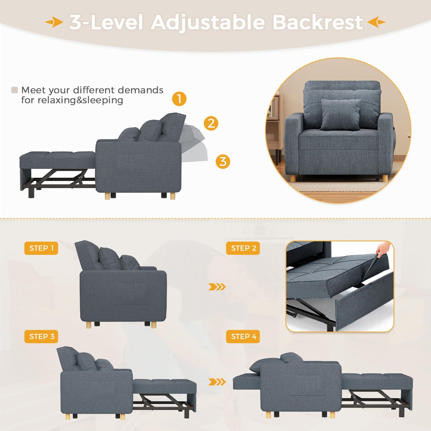 YODOLLA 3 in 1 Chair Bed Sleeper for Adults, Dark Gray