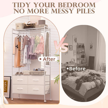 YODOLLA Rolling Clothes Rack with 4 Fabric Drawers, Portable Closet Organizer for Hanging Clothes