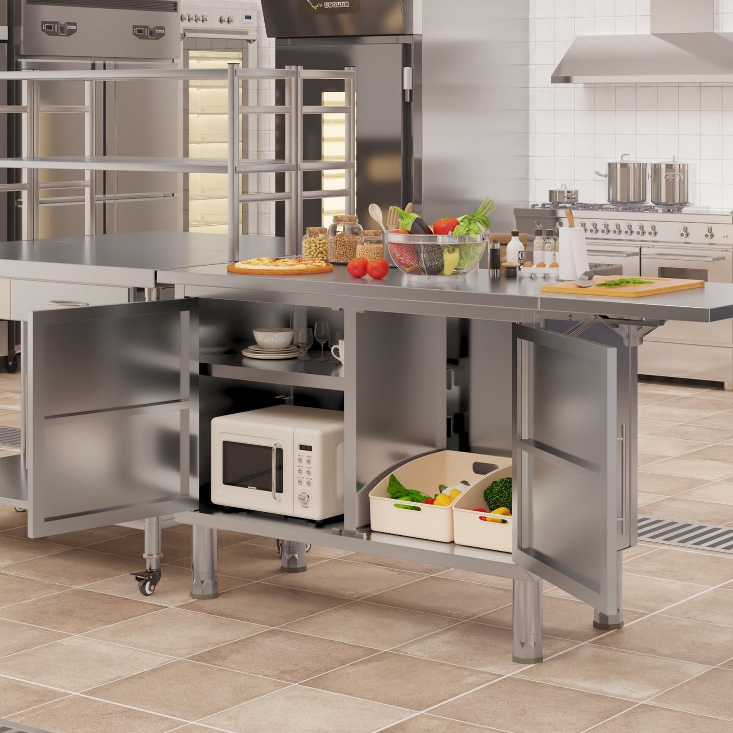 YODOLLA 57"x19.7" Stainless Steel Work Table Kitchen Cabinets with Extend Panel & Adjustable Shelf