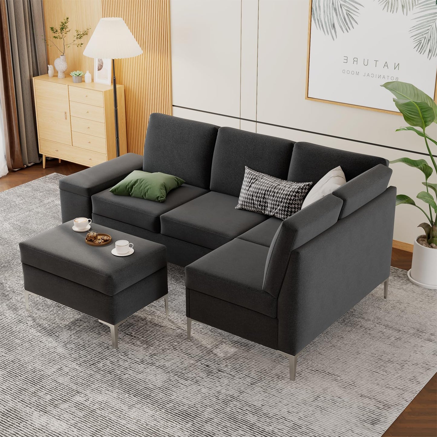 YODOLLA Sectional Couch with Ottoman Convertible Corner Couches with Armrest Storage