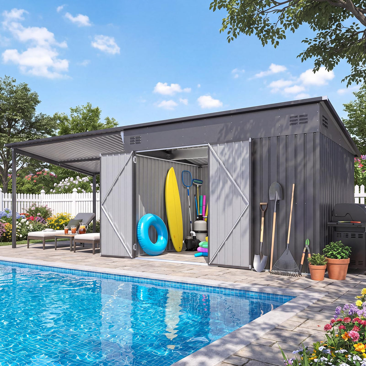 YODOLLA 20x8 FT Metal Outdoor Storage Shed with Pergola Hardtop Combo