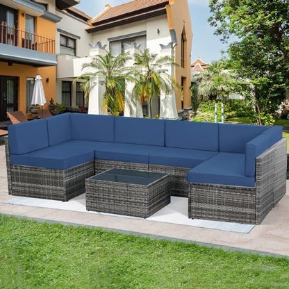 YODOLLA 7 Piece Outdoor Patio Furniture Set with Extra 43'' Fire Pit Table, Grey Rattan & Navy Cushion