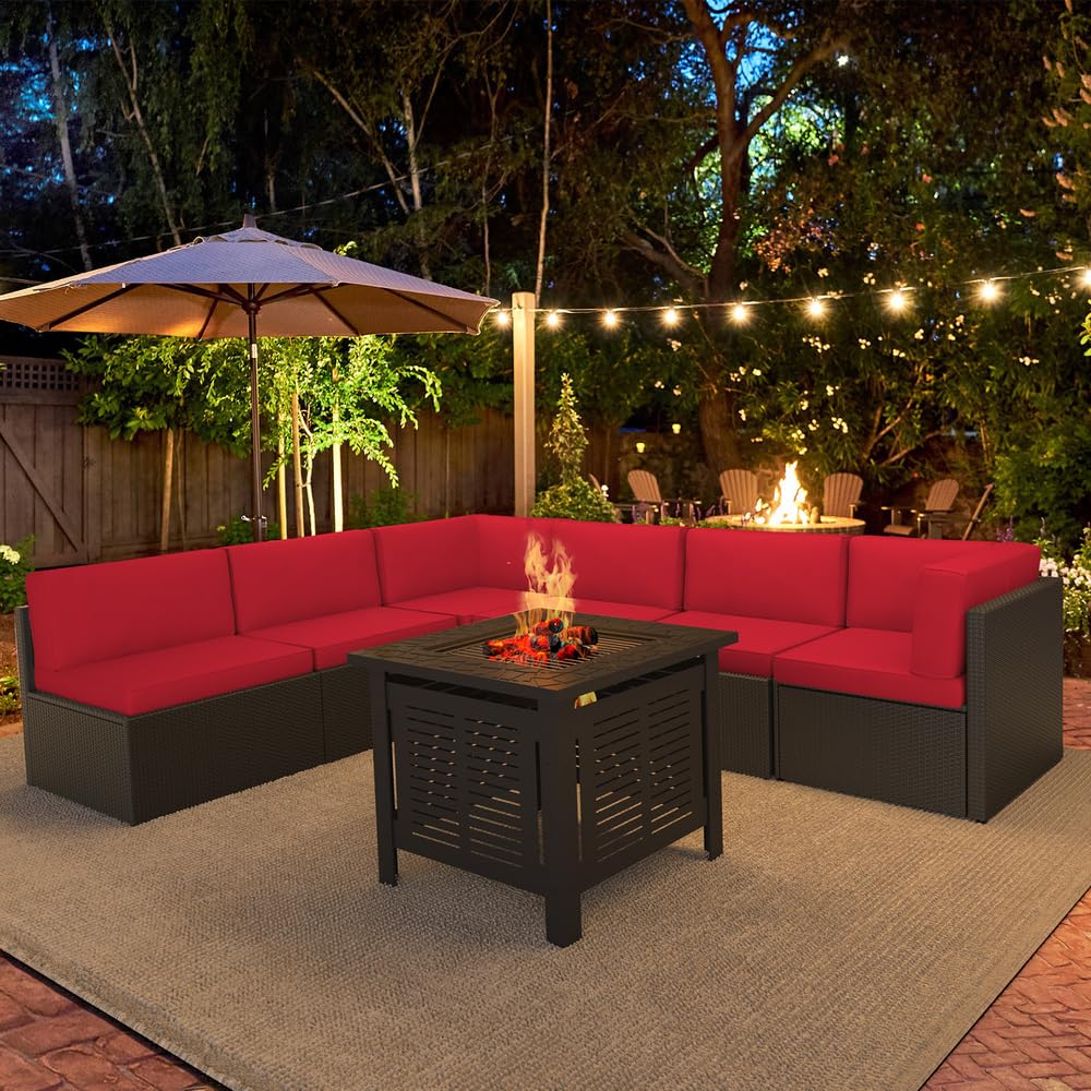 YODOLLA 7 Piece Outdoor Patio Furniture Set with 30 Inch Fire Pit Table, Brown Rattan Red Cushion